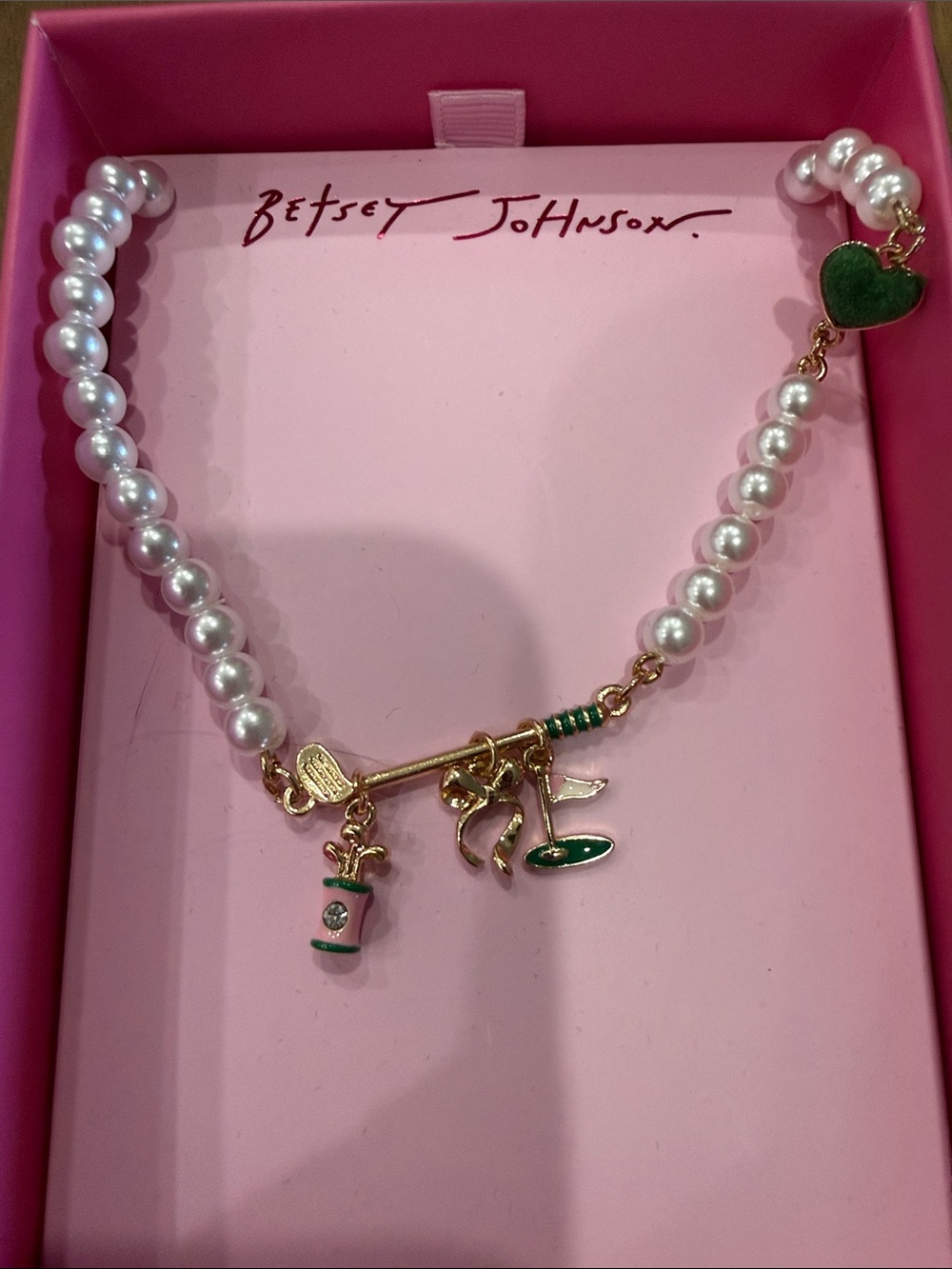 Betsey Johnson White Faux Pearl Necklace with Enamel Golf Charms